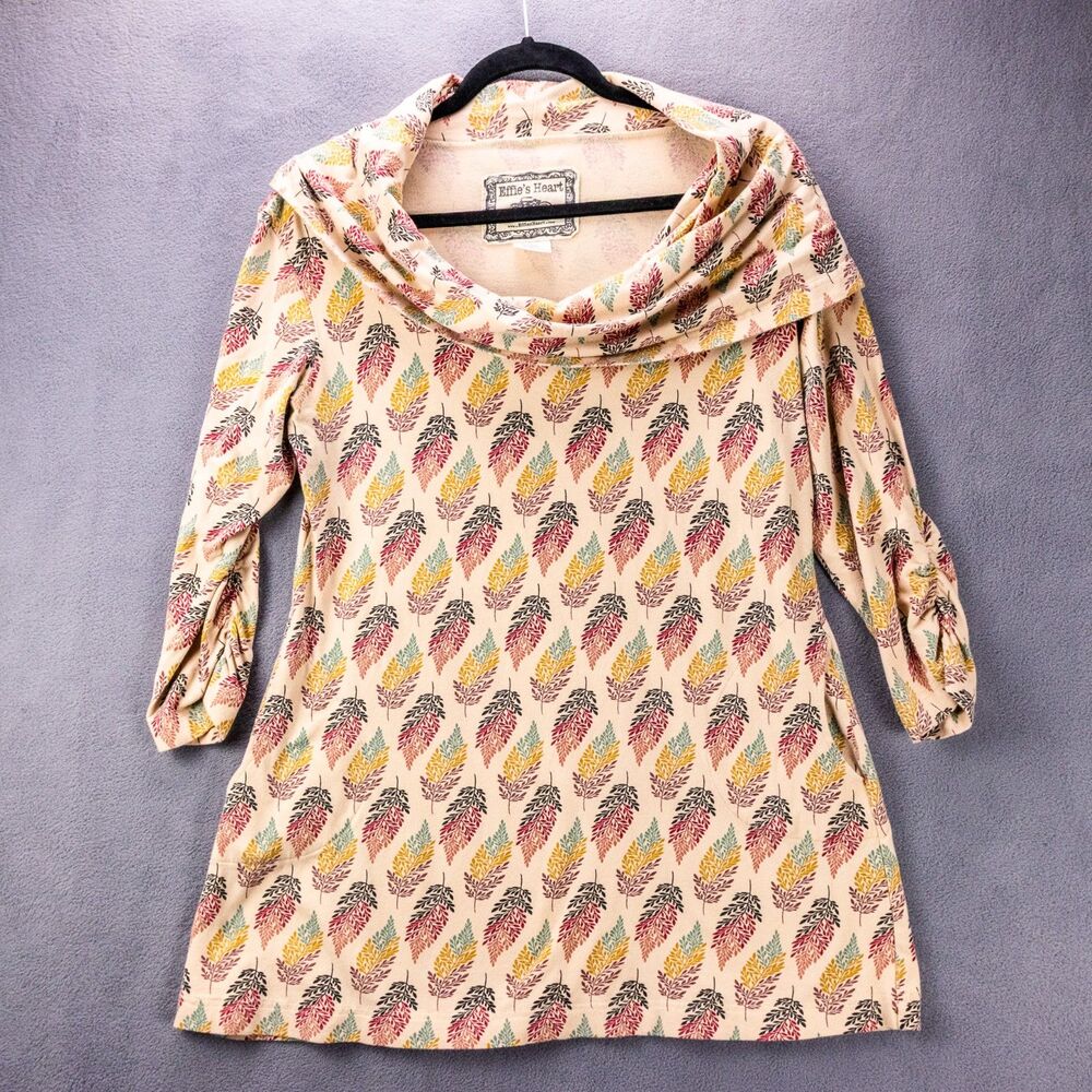 Effie's Heart Cotton Cowl Neck Autumn Leaves Tunic w/Pockets L